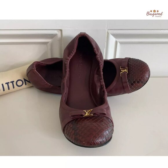 Authentic Louis Vuitton Maroon Leather Reptile Toe Bow Scrunch Ballet Flats 6.5 - Picture 3 of 10